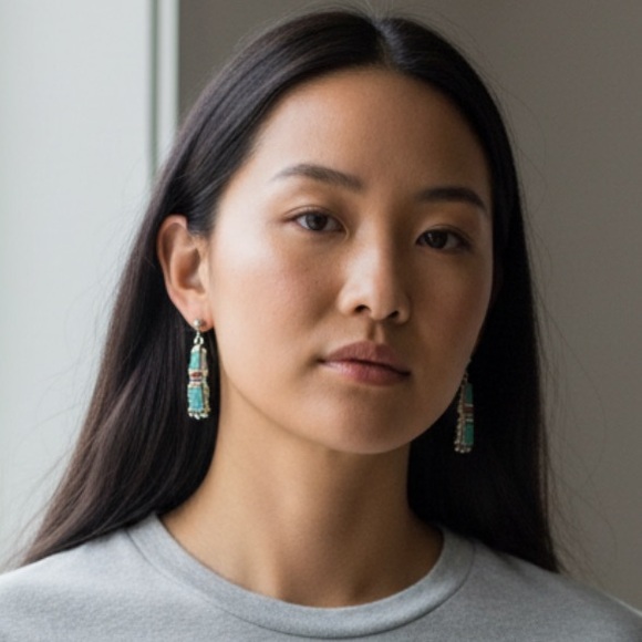 Ervin Tsosie great shape micro inlay turquoise Kyocera opal sterling earrings - Picture 8 of 8